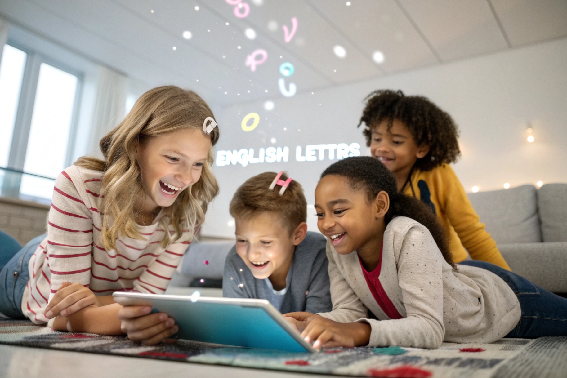 Happy children learning together with tablets