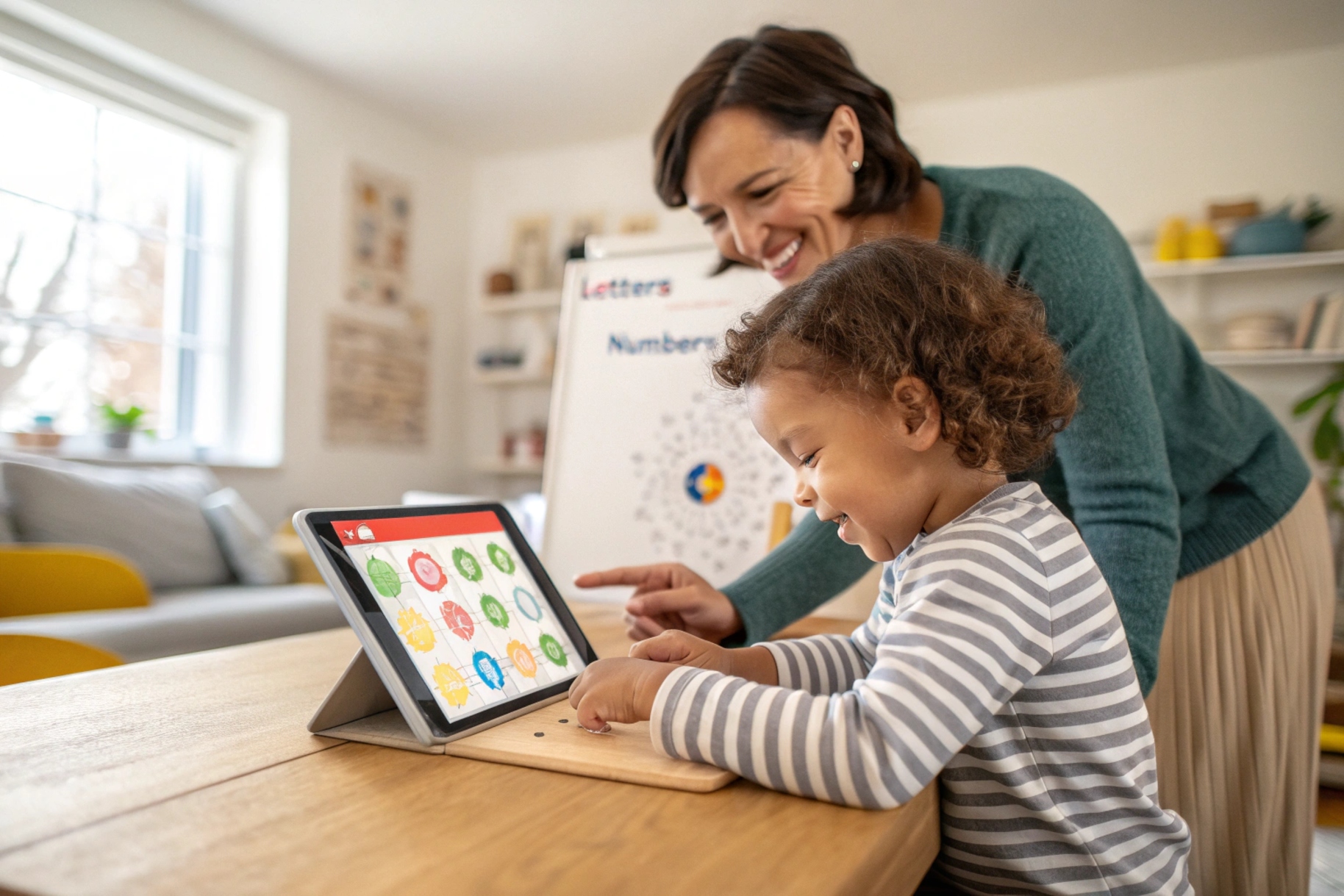 Child focused on learning with parent guidance